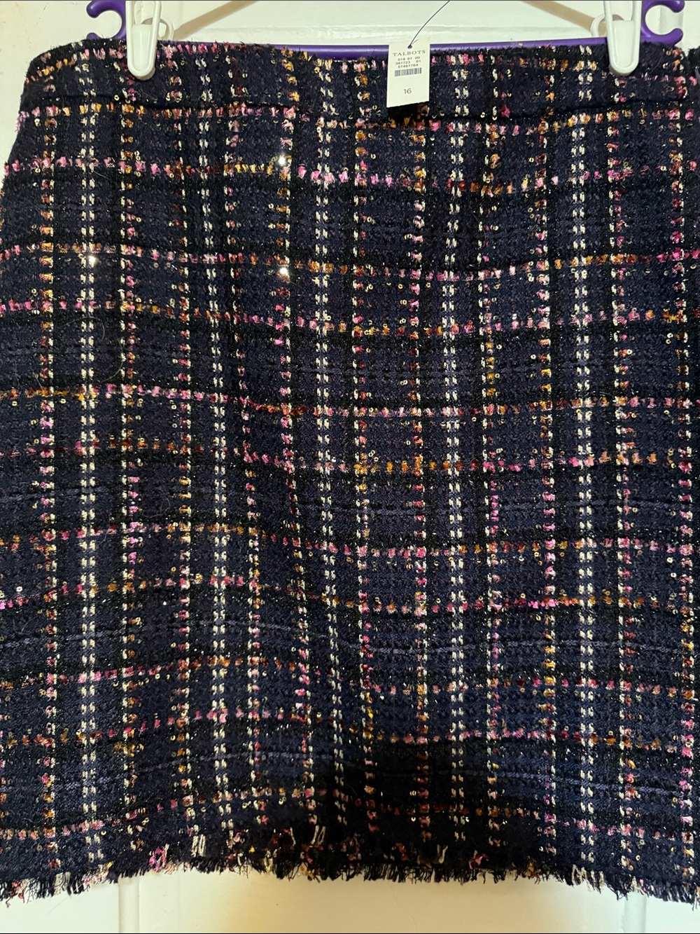 Talbots Navy Tweed Mini Skirt with Pink & Gold Threading